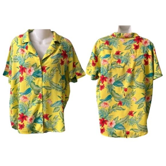 Forever 21 Womens Yellow Floral Short Sleeve Button-Down Hawaiian Shirt Large - Picture 2 of 12